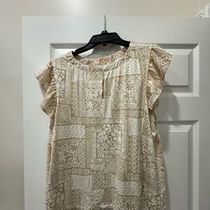 Cream Lace Trim Flutter Sleeve Blouse